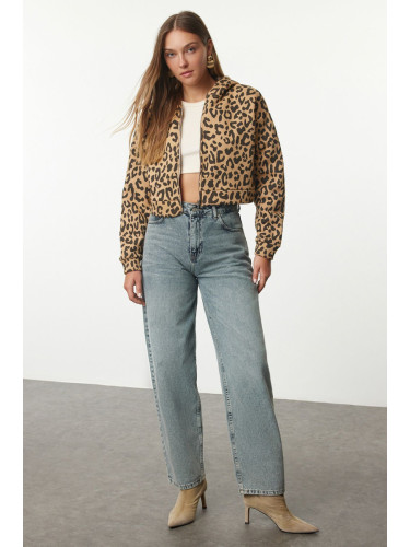 Trendyol Animal Leopard Patterned Crop Hooded Knitted Sweatshirt