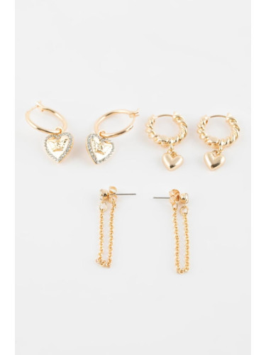 DEFACTO Women's 3-Piece Gold Earrings with Heart Motif