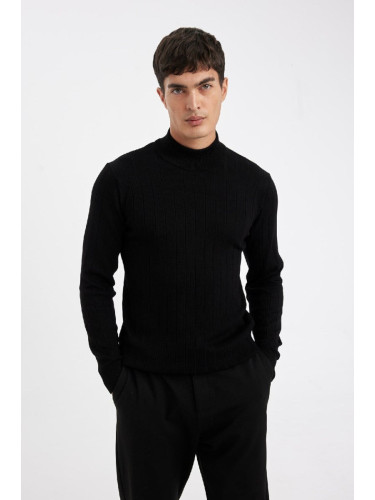 DEFACTO Men's Black Standard Fit Regular Cut Half Turtleneck Jacquard Knitwear Sweater