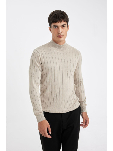 DEFACTO Men's Beige Standard Fit Regular Cut Half Turtleneck Jacquard Knitwear Sweater