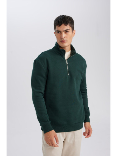 DEFACTO Men's Dark Green Comfort Fit Stand Collar Zippered Thick Basic Plain Sweatshirt