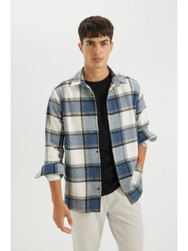 DEFACTO Regular Fit Polo Collar Checkered Patterned Flannel Long Sleeve Shirt