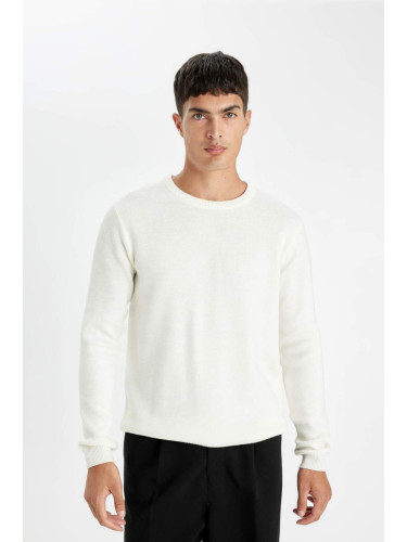 DEFACTO Men's Ecru Standard Fit Regular Cut Crew Neck Basic Knitwear Sweater