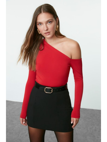 Trendyol Red Slim Snap Fastener Asymmetric Collar Stretchy Knitted Bodysuit