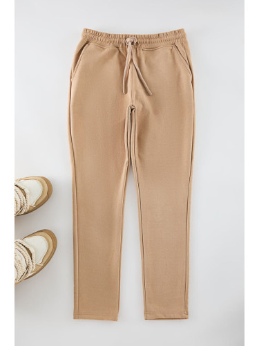 Trendyol Beige Slim Fit Elastic Waist Suede Trousers