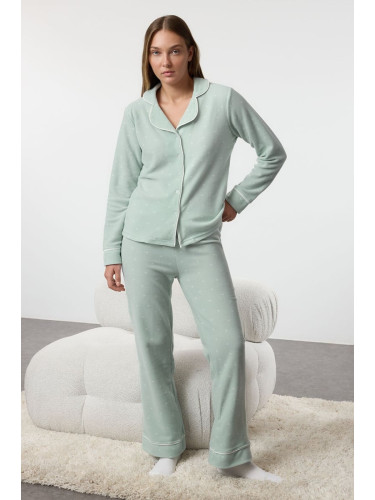 Trendyol Mint Heart Piping Detailed Fleece Winter Knitted Pajamas Set