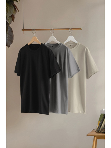 Trendyol Black-Stone-Anthracite Large Size 3-Pack Regular Cut 100% Cotton T-Shirt