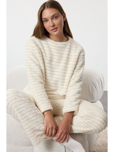 Trendyol Ecru Striped Lurex Yarn Detailed Wellsoft Winter Knitted Pajama Set