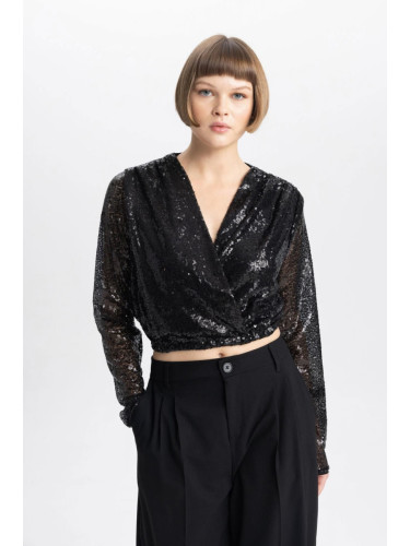 DEFACTO Crop Wrap Collar Sequined Long Sleeve Blouse