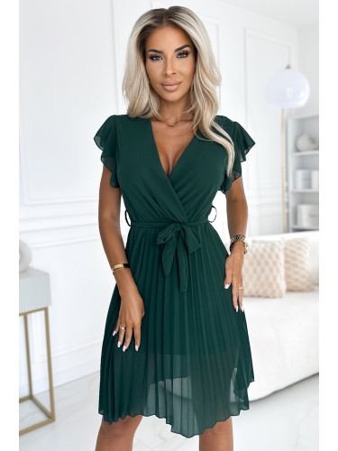 424-6 Chiffon pleated dress with a neckline and frills - green