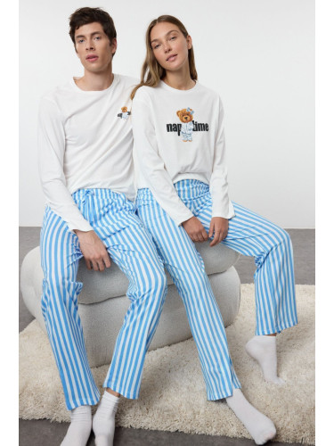 Trendyol Men's Ecru Regular Fit Striped Couple/Double Knitted 100% Cotton Pajama Set