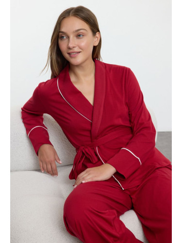 Trendyol Burgundy Belted 100% Cotton Maternity Knitted Pajama Set