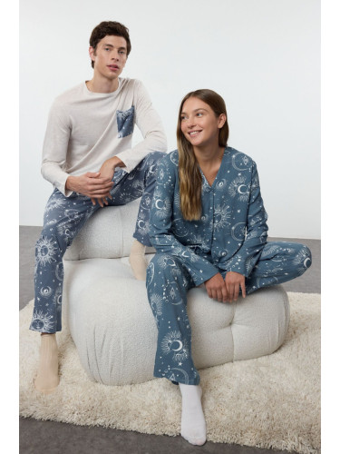 Trendyol Men's Gray - Blue Regular Fit Couple Knitted Pajama Set