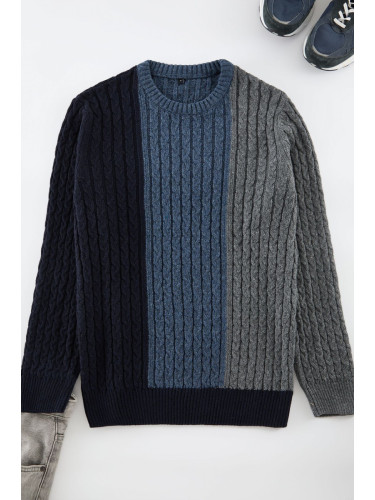 Trendyol Indigo Men's Crew Neck Hair Knit Paneled Knitwear Sweater