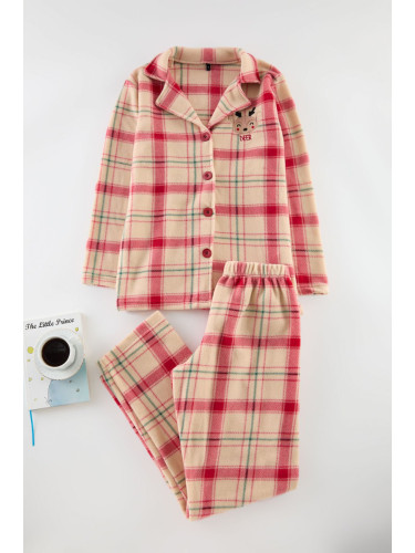 Trendyol Red Embroidered Plaid Fleece Winter Knitted Pajama Set