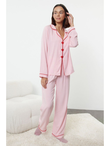 Trendyol Pink Heart-shaped Viscose Woven Pajama Set