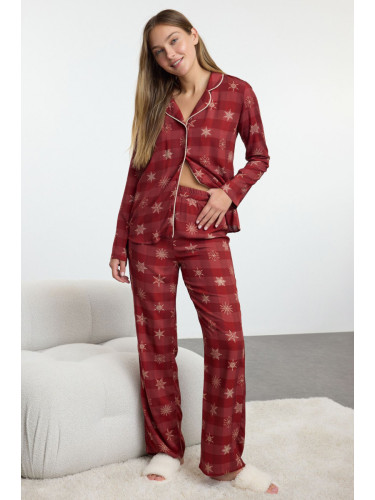 Trendyol Burgundy Winter Themed Plaid Piping Detailed Viscose Woven Pajama Set