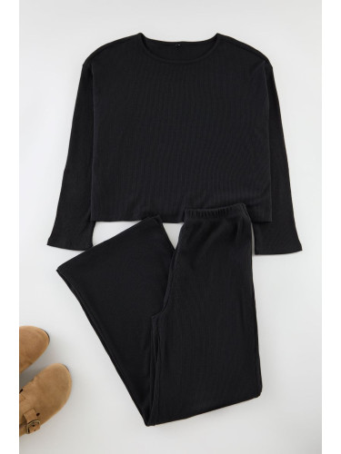 Trendyol Black Ribbed Knitted Pajama Set