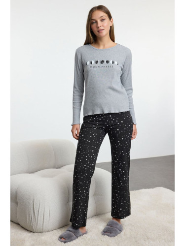 Trendyol Gray-Multicolored Galaxy Patterned Ribbed Knitted Pajama Set