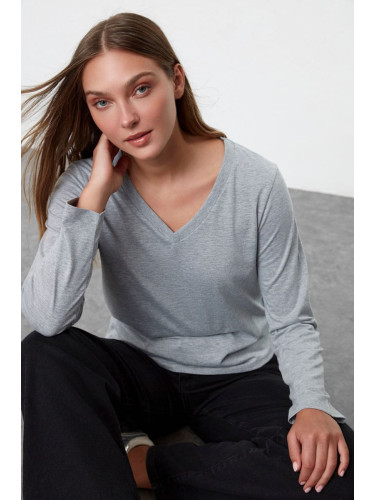 Trendyol Gray Melange 100% Cotton Regular/Normal Fit Basic V-Neck Long Sleeve Knitted T-Shirt