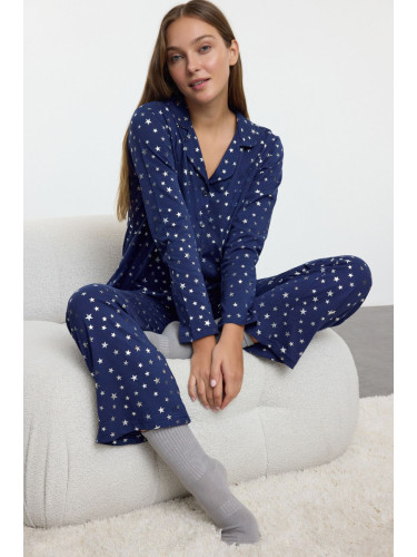 Trendyol Navy Blue 100% Cotton Leaf Star Patterned Knitted Pajama Set