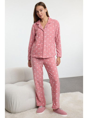 Trendyol Dusty Rose Winter Themed Pocket Polar Fleece Knitted Pajama Set