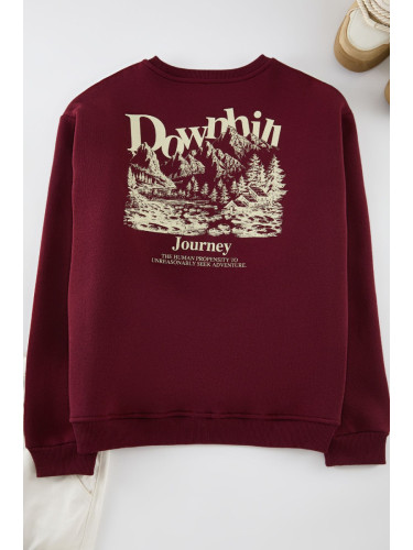 Trendyol Claret Red Oversize/Wide Cut Printed Embroidered Fleece Inside Sweatshirt