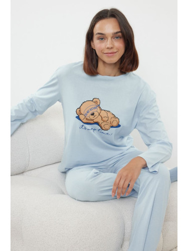 Trendyol Blue 100% Cotton Teddy Bear and Slogan Printed Knitted Pajama Set