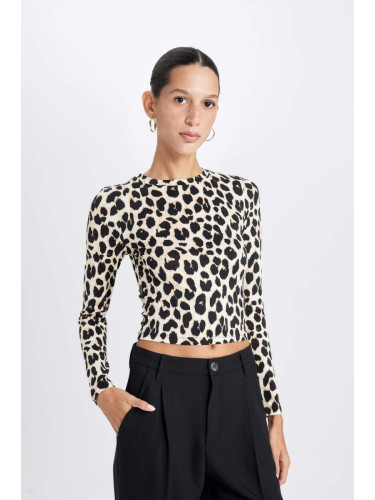 DEFACTO Fitted Crew Neck Leopard Patterned Crepe Long Sleeve T-Shirt