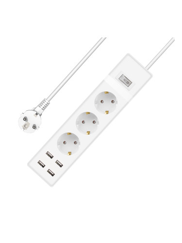 Удължител DLFI, 3 гнезда, 250V, 16A, Кабел, 1.5m, 4 x USB F, С ключ, Бял - 17885