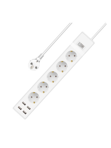 Удължител DLFI, 5 гнезда, 250V, 16A, Кабел, 1.5m, 4 x USB F, С ключ, Бял - 17889