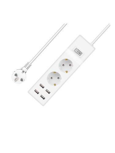 Удължител DLFI, 2 гнезда, 250V, 16A, Кабел, 3m, 4 x USB F, С ключ, Бял - 17884