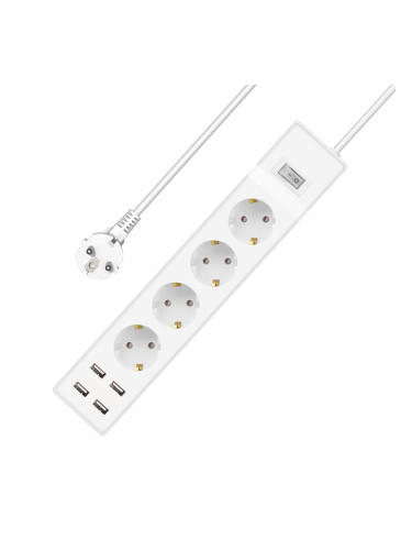 Удължител DLFI, 4 гнезда, 250V, 16A, Кабел, 3m, 4 x USB F, С ключ, Бял - 17888