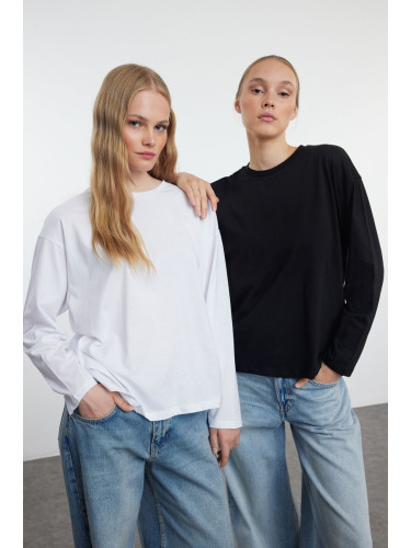 Trendyol Black-White 2-Pack 100% Single Jersey Oversize/Wide Cut Knitted T-Shirt