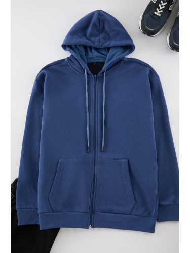 Trendyol Indigo Oversize/Wide Cut Hooded Zippered Thick Basic Sweatshirt-Cardigan