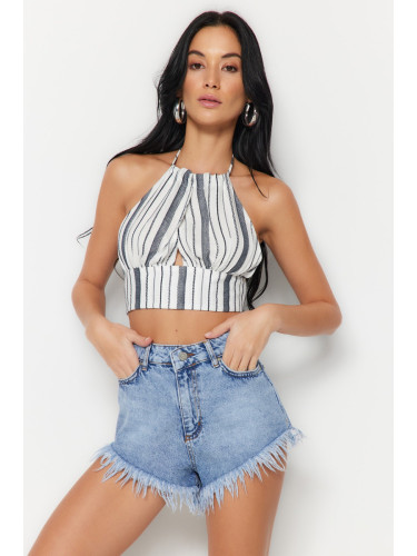 Trendyol Striped Crop Woven Cut Out/Window Linen Look Blouse