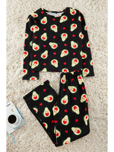 Trendyol Black 100% Cotton Avocado and Heart Patterned Knitted Pajama Set