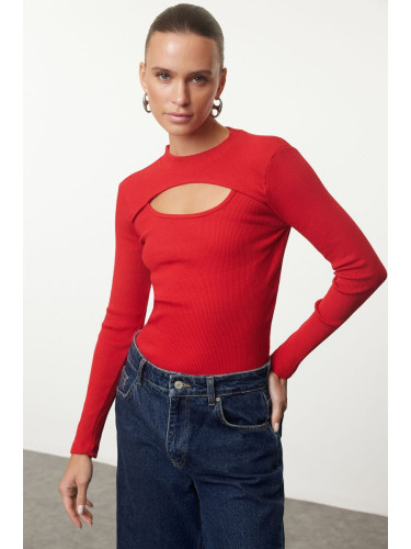 Trendyol Red Cut Out/Window Detailed Crew Neck Ribbed Stretchy Knitted Blouse