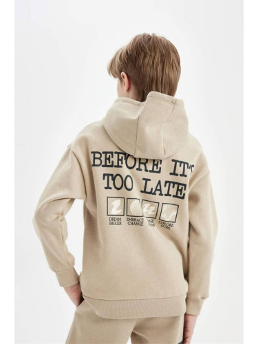 DEFACTO Boy Beige Oversize Fit Wide Molded Back Printed Hooded Sweatshirt