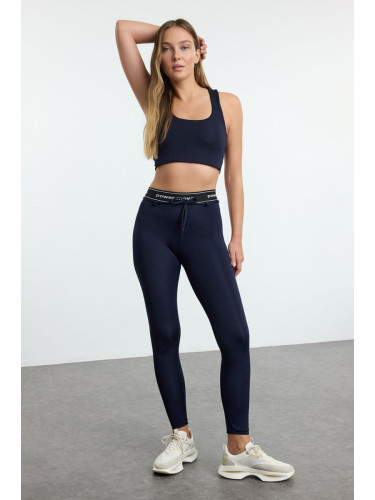 Trendyol Dark Navy Blue Tie and Slogan Elastic Detailed Full Length Knitted Sports Leggings