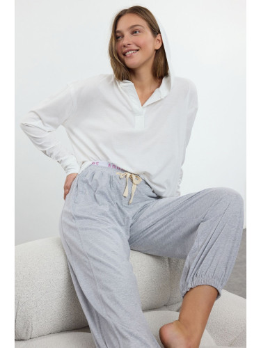 Trendyol White-Grey 100% Cotton Tie and Slogan Elastic Detailed Knitted Pajama Set