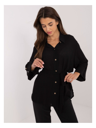 Black oversized button-down shirt with 3/4 sleeves