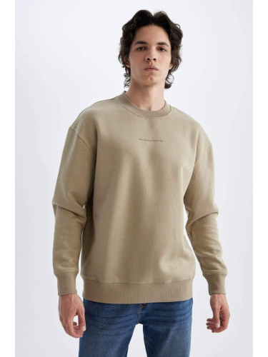 DEFACTO Men's Dark Sand Boxy Fit Crew Neck Printed Sweatshirt