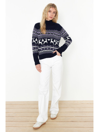 Trendyol Navy Blue Christmas Theme Patterned Knitwear Sweater