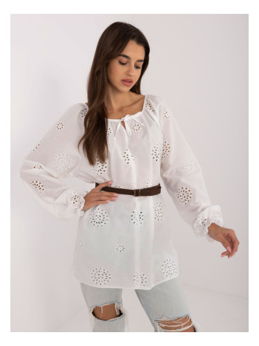 White openwork casual blouse with belt