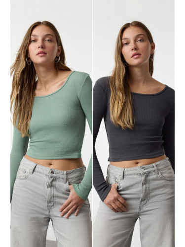 Trendyol Anthracite-Mint 2 Pack Fitted Wide Collar Ribbed Flexible Crop Knitted Blouse