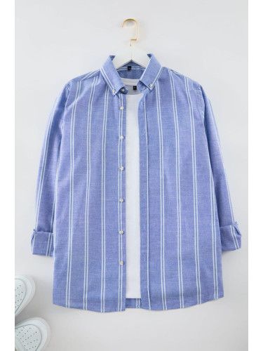 Trendyol Blue Slim Fit Button Down Collar Pinstripe Shirt