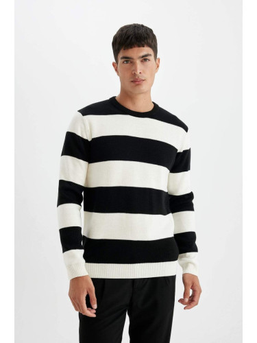 DEFACTO Men's Black Standard Fit Regular Cut Crew Neck Striped Knitwear Sweater