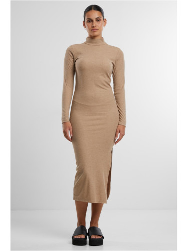 Women's ribbed long turtleneck dress beige