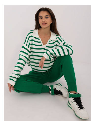 Ecru and Green Striped Casual Knit Set